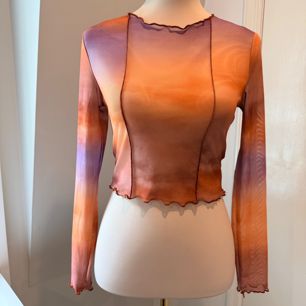 SHEIN Orange Purple Ombre Mesh Lettuce Trim Crop Top Sheer Long Sleeve | Size S